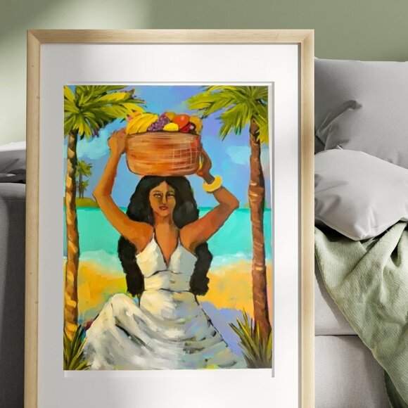 Island Girl with Fruit Tropical Acrylic Painting with Palms Trees and Ocean View - Picture 1 of 8